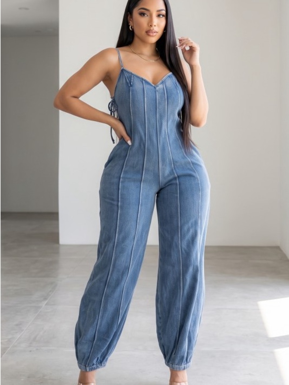 Women’s Blue Denim Jumpsuit Jeans - Sleeveless Strappy Romper A-81653